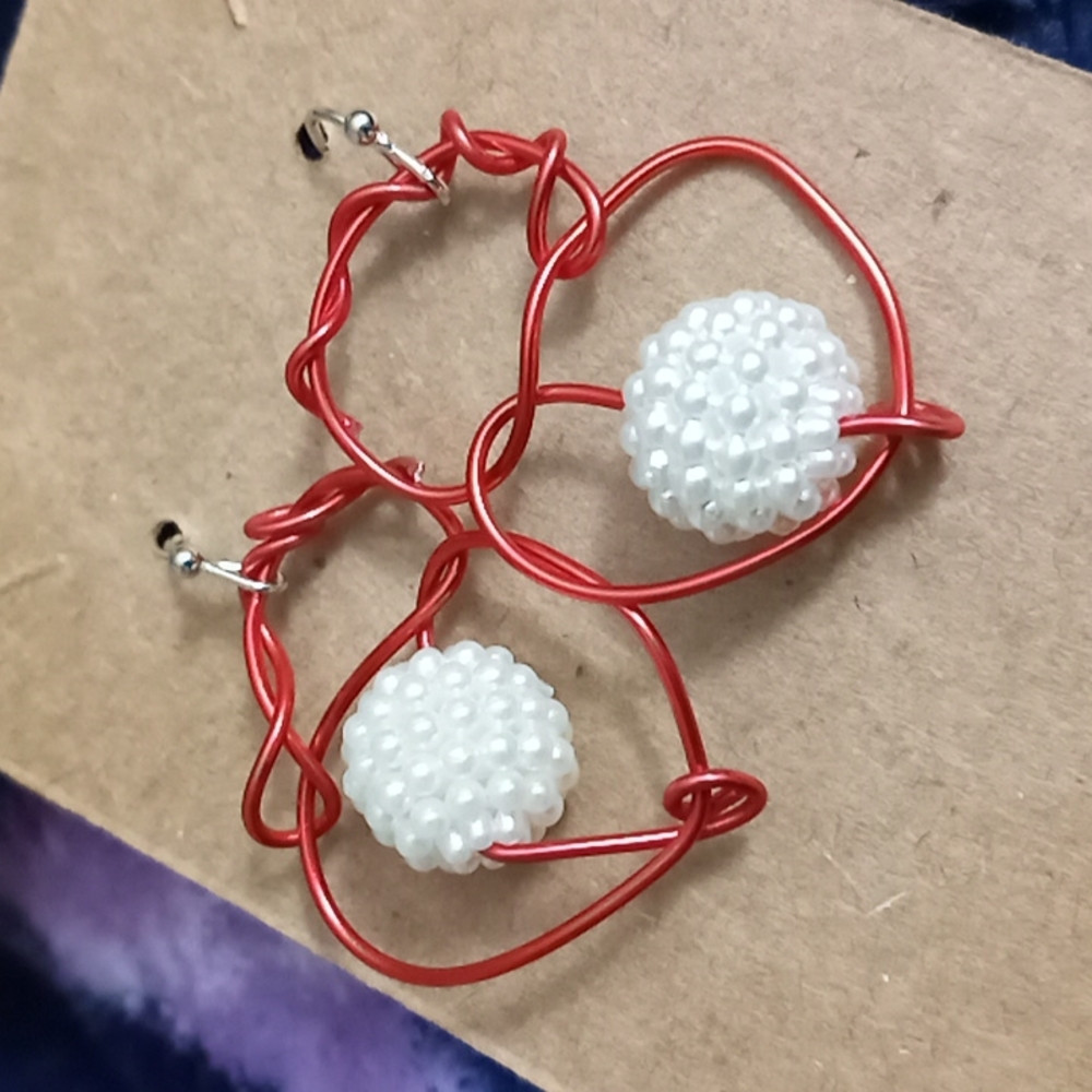 Hand Crafted Red abstract wire wrapped Statement drop earrings